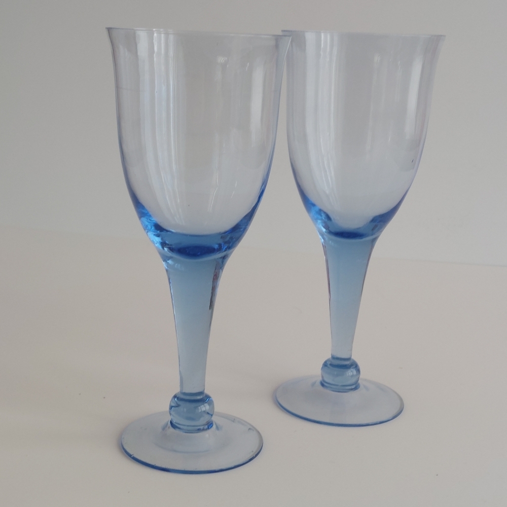 Hand Blown Light Blue Wine Glasses Set of 2